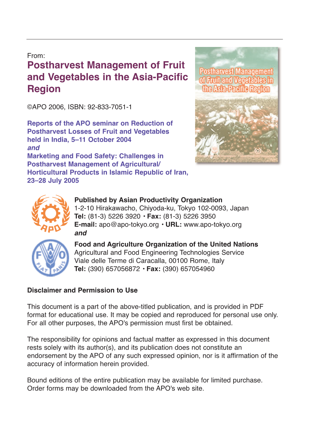 Postharvest Management of Fruit and Vegetables in the Asia-Pacific Region