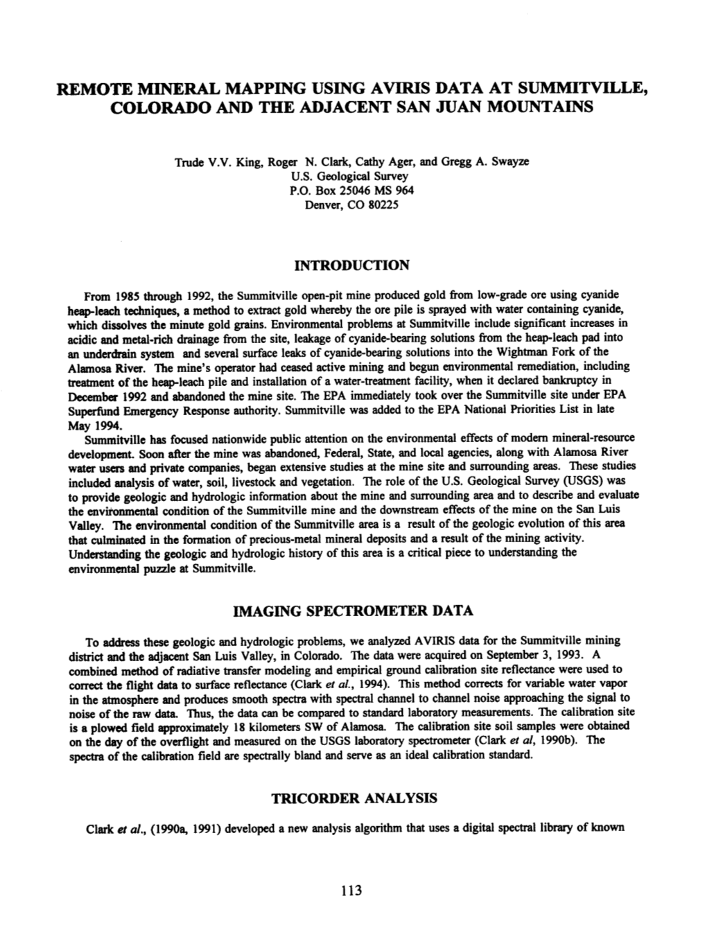 Remote Mineral Mapping Using Aviris Data at Summitville, Colorado and the Adjacent San Juan Mountains