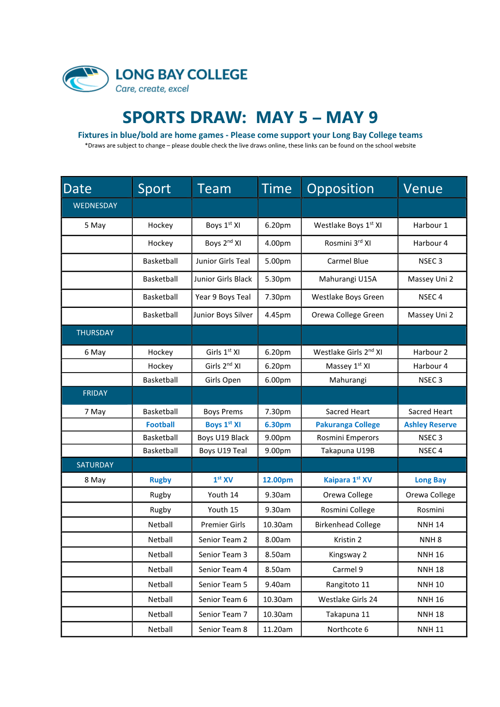 Sports Draw: May 5 – May 9