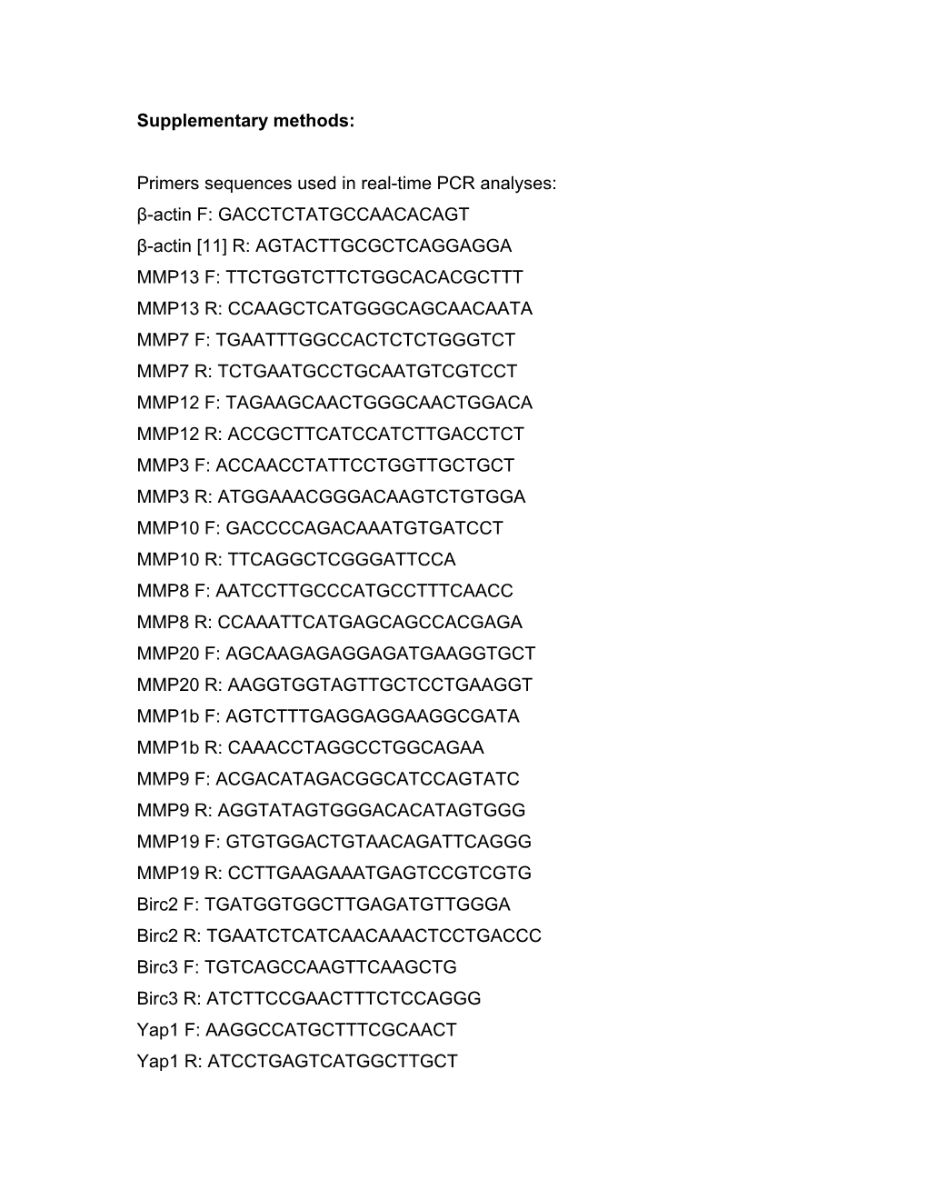 Supplementary Methods: Primers Sequences Used in Real-Time PCR Analyses: Β-Actin F: GACCTCTATGCCAACACAGT Β-Actin [11] R: AGTAC