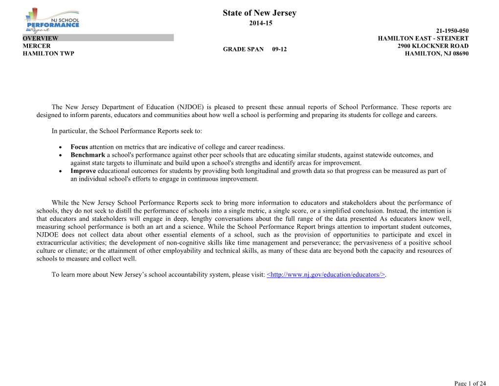 State of New Jersey 2014-15 21-1950-050 OVERVIEW HAMILTON EAST - STEINERT MERCER 2900 KLOCKNER ROAD GRADE SPAN 09-12 HAMILTON TWP HAMILTON, NJ 08690 1.00