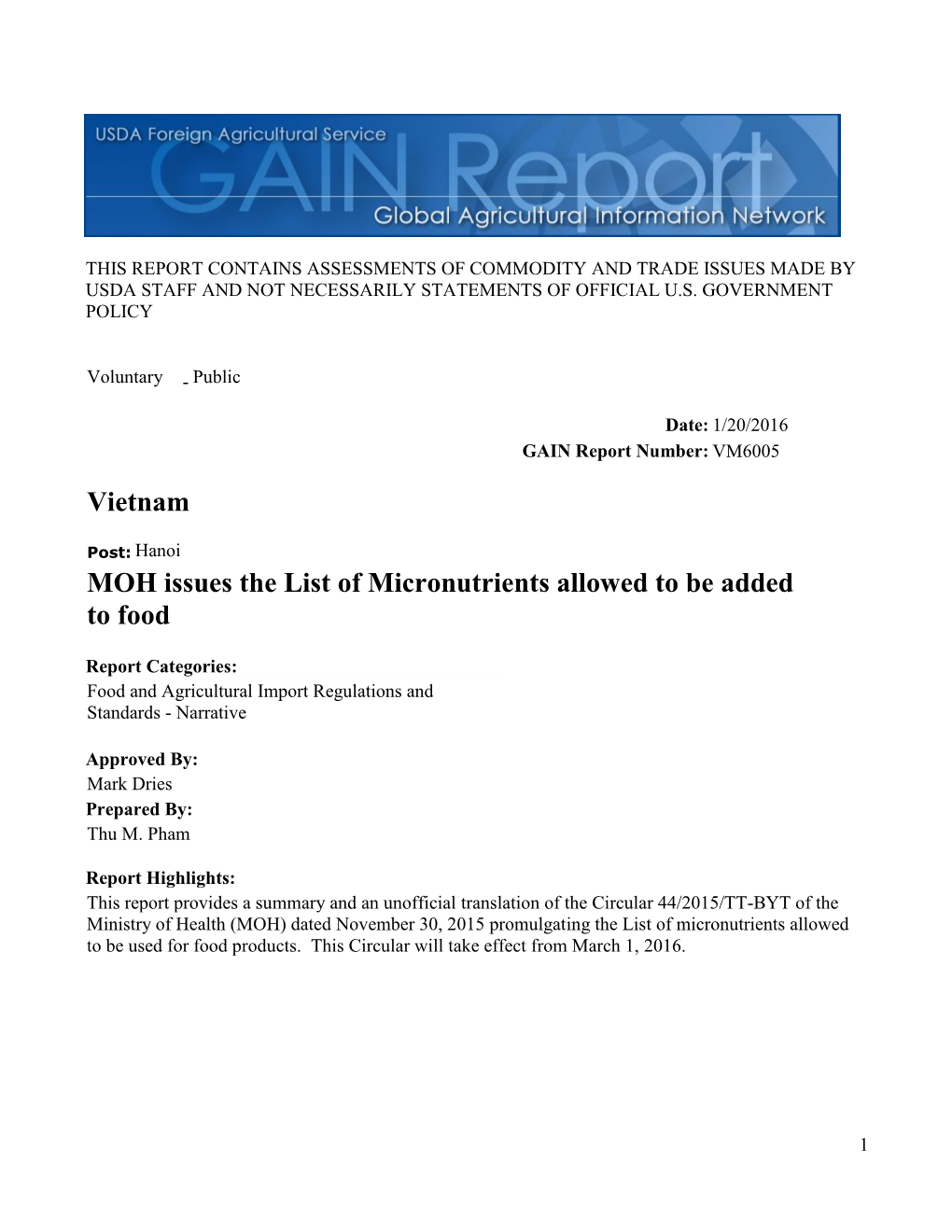 MOH Issues the List of Micronutrients Allowed to Be Added to Food Vietnam