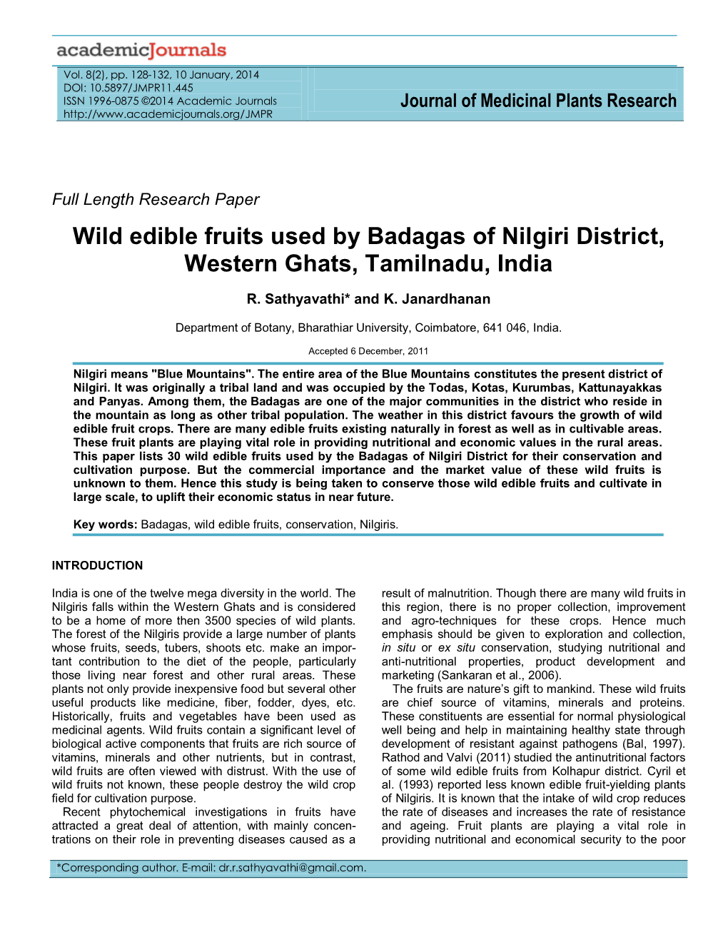 Wild Edible Fruits Used by Badagas of Nilgiri District, Western Ghats, Tamilnadu, India