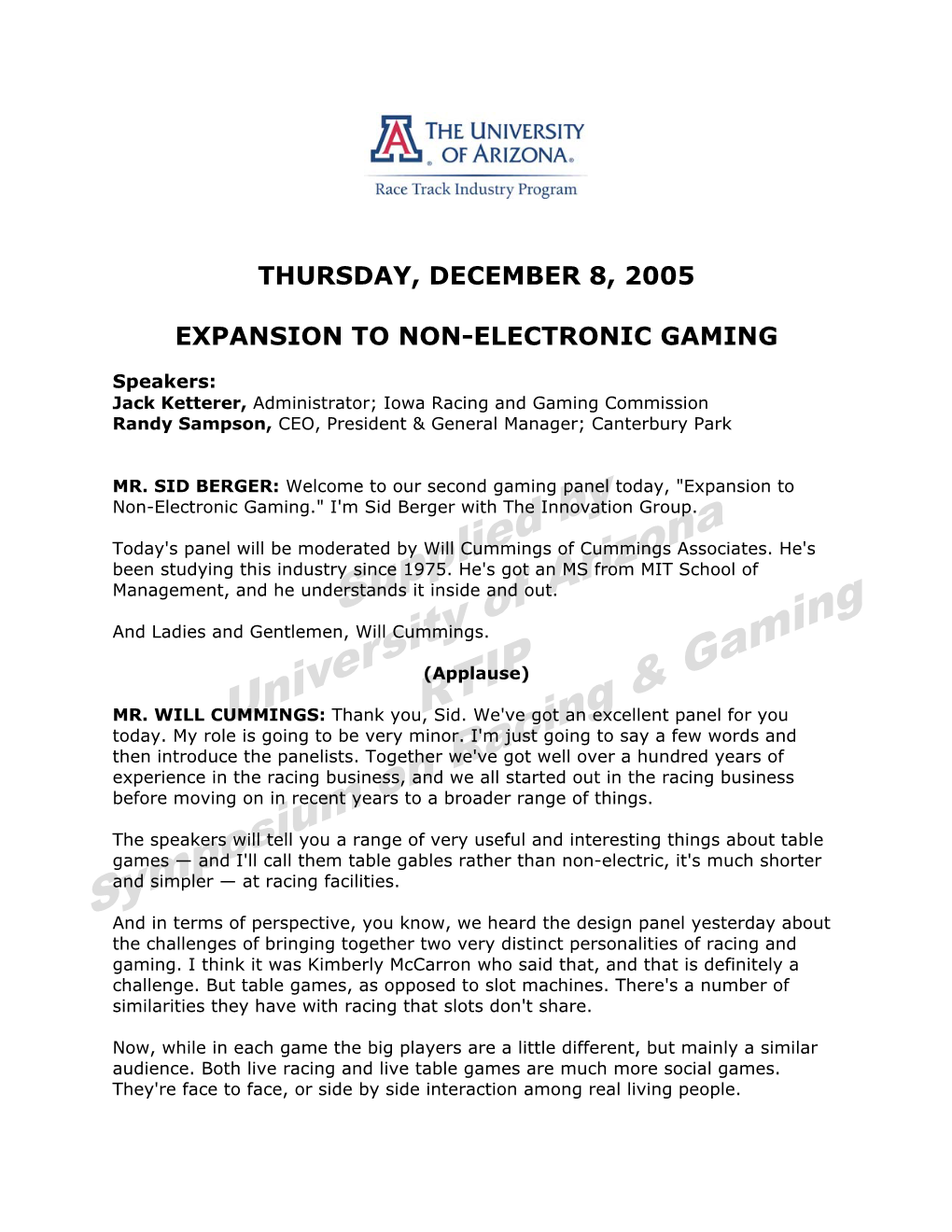 Thursday, December 8, 2005 Expansion to Non