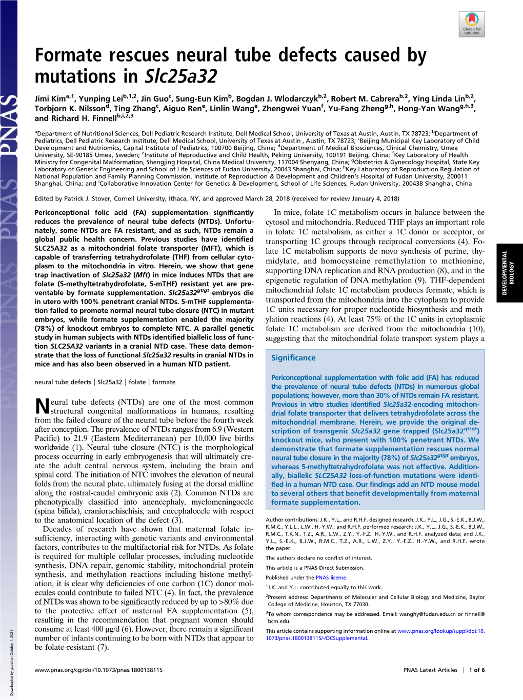 Formate Rescues Neural Tube Defects Caused by Mutations in Slc25a32