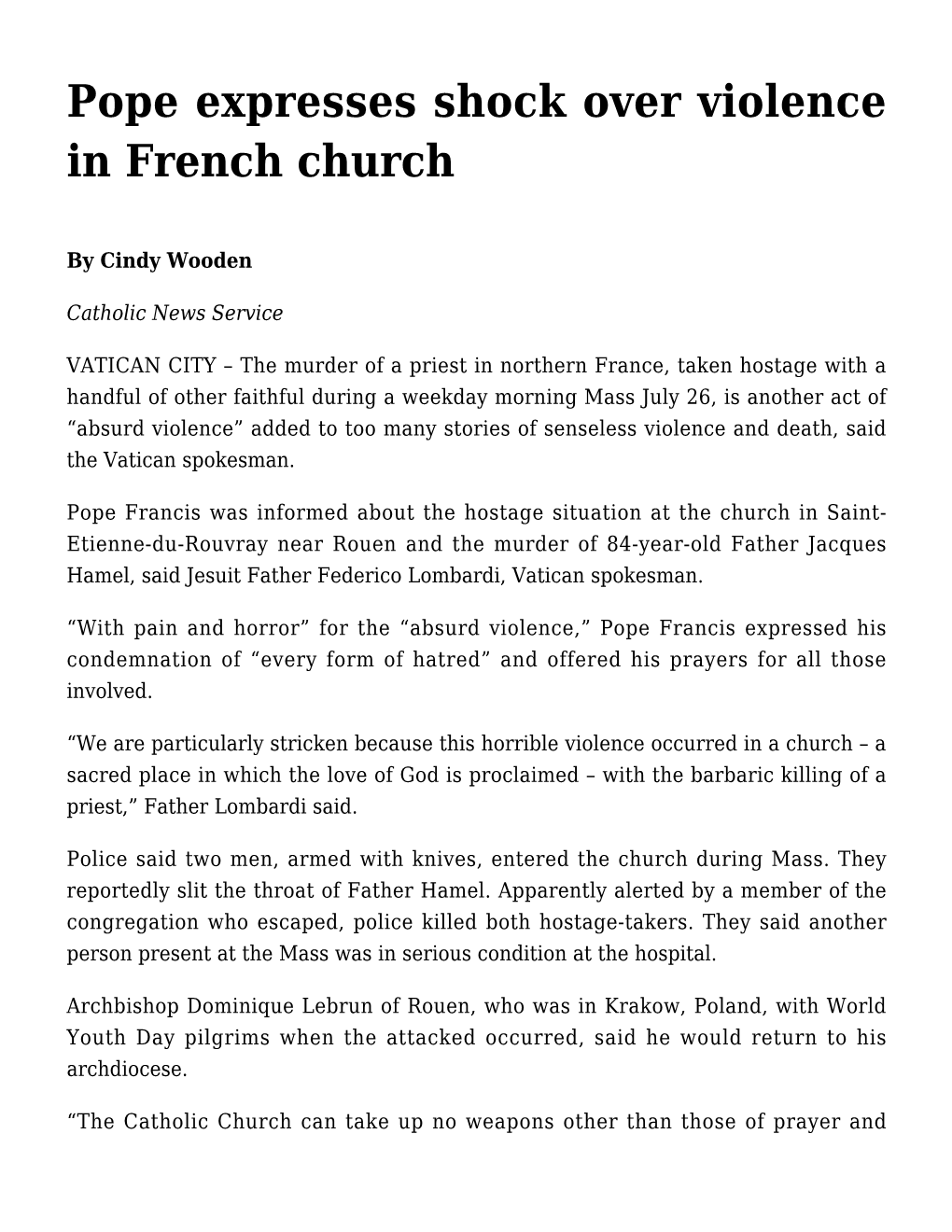 Pope Expresses Shock Over Violence in French Church