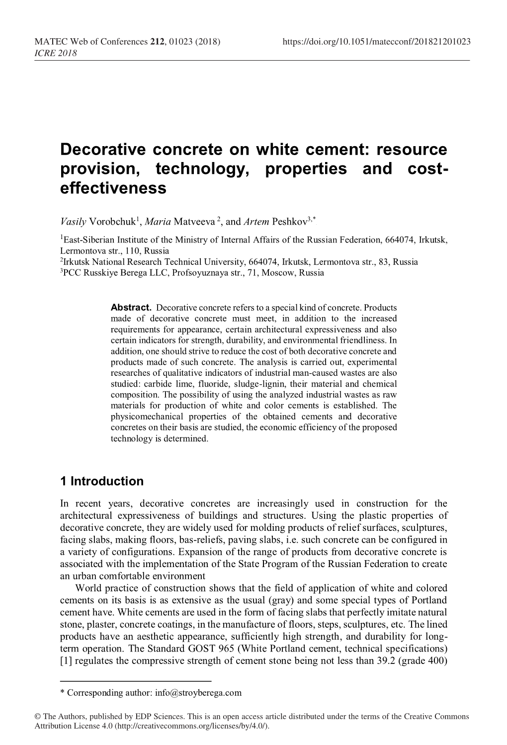 Decorative Concrete on White Cement: Resource Provision, Technology, Properties and Cost- Effectiveness