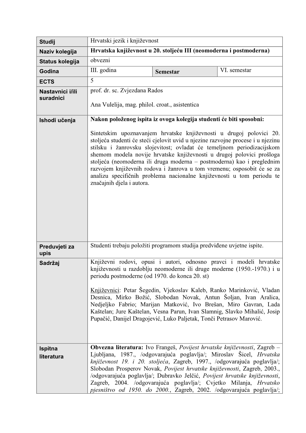 Hrvatski Jezik I Književnost Hrvatska Književnost U 20. Stoljeću III (Neomoderna I Postmoderna) Obvezni III. Godina Semestar