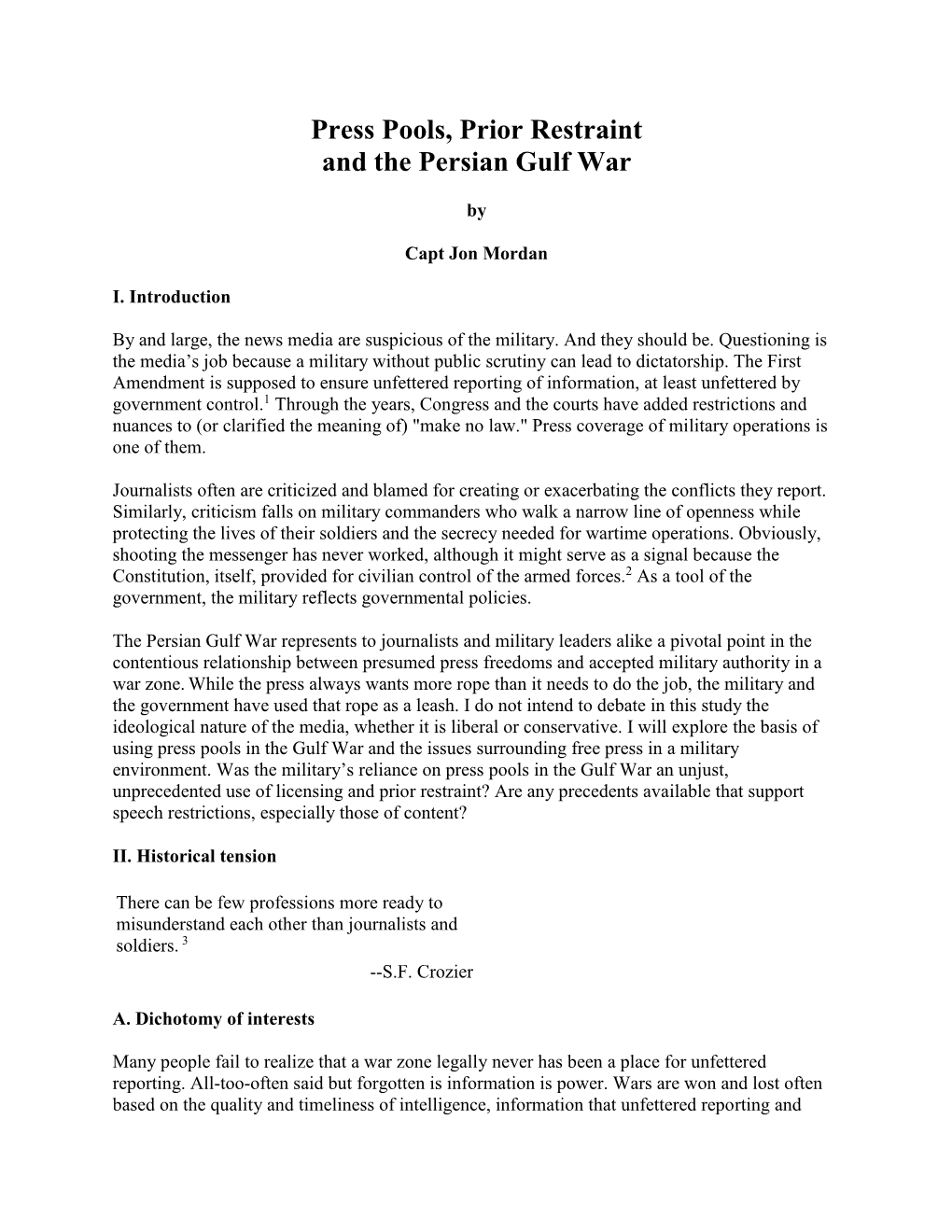 Press Pools, Prior Restraint and the Persian Gulf War