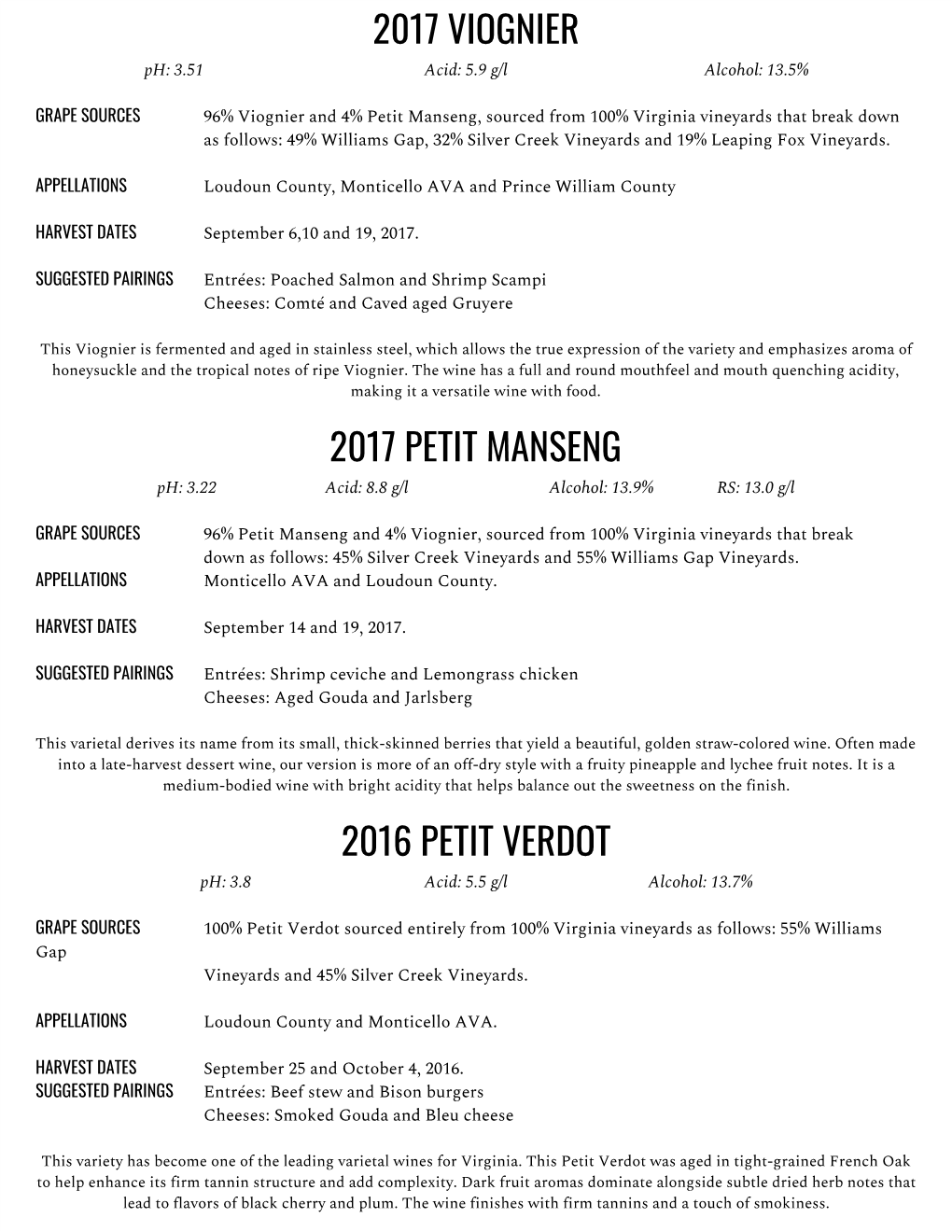 2017 Viognier 2017 Petit Manseng 2016 Petit Verdot