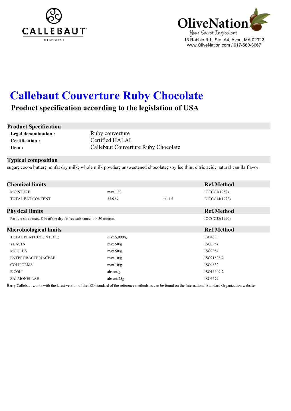 Callebaut Couverture Ruby Chocolate Product Specification According to the Legislation of USA