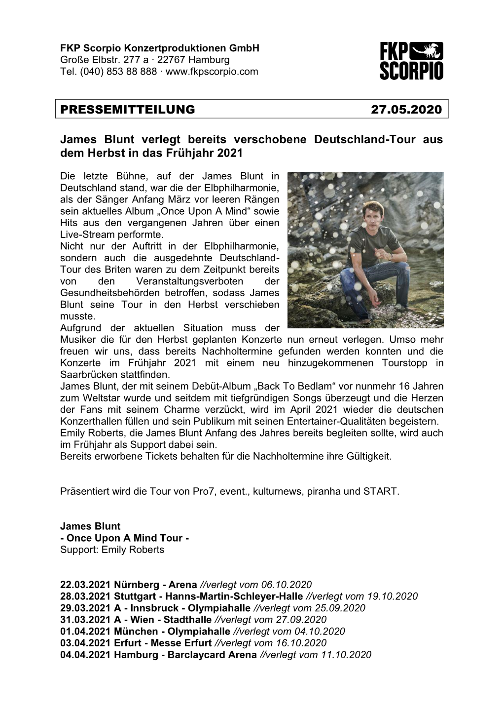 PRESSEMITTEILUNG 27.05.2020 James Blunt Verlegt Bereits