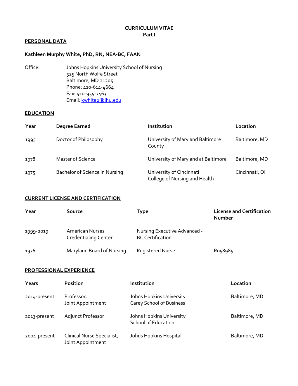 CURRICULUM VITAE Part I PERSONAL DATA Kathleen