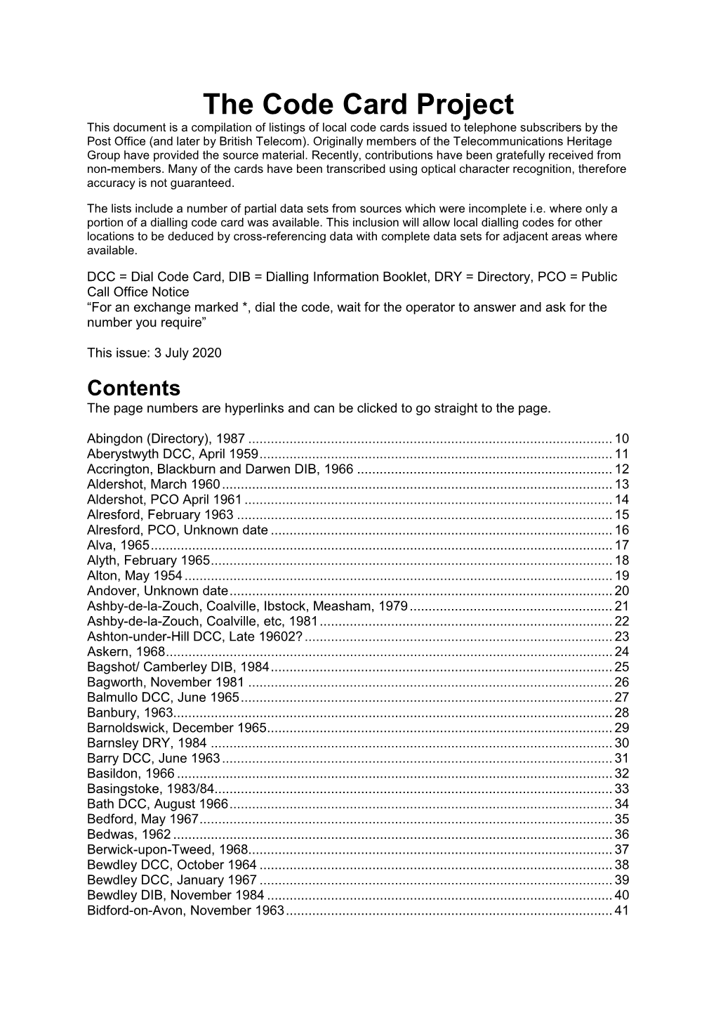 The Code Card Project This Document Is a Compilation of Listings of Local Code Cards Issued to Telephone Subscribers by the Post Office (And Later by British Telecom)