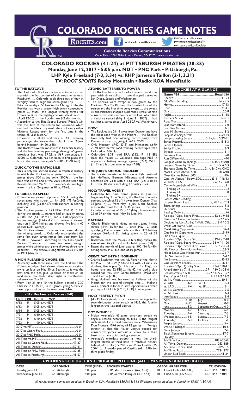 Colorado Rockies Game Notes