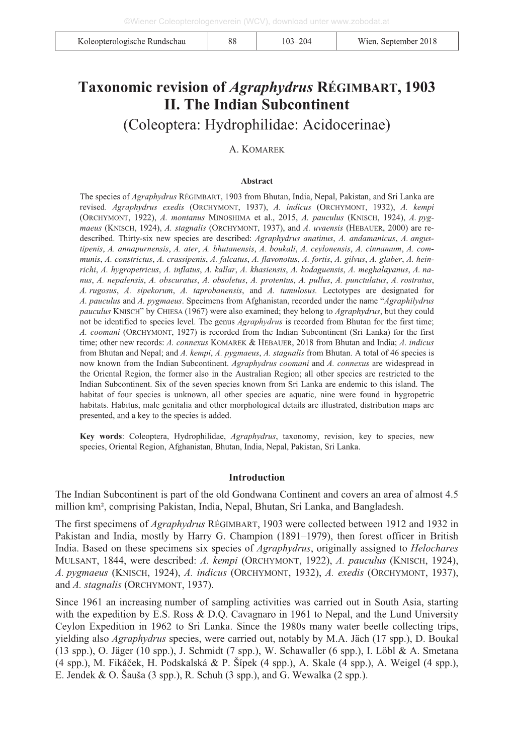 Taxonomic Revision of Agraphydrus RÉGIMBART, 1903 II. the Indian