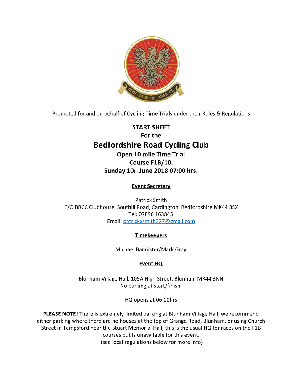 Bedfordshire Road Cycling Club Open 10 Mile Time Trial Course F1B/10