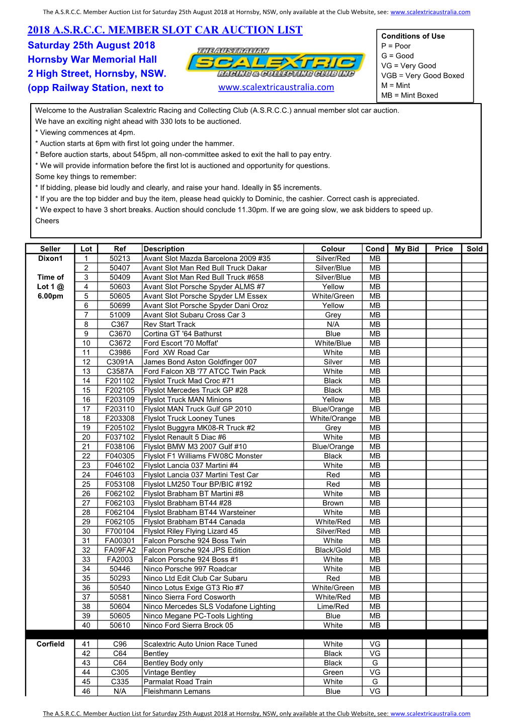 2018 A.S.R.C.C. Member Slot Car Auction List