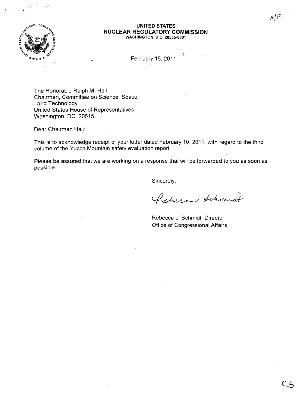 Acknowledgement Letters to Honorable Ralph M. Hall, United