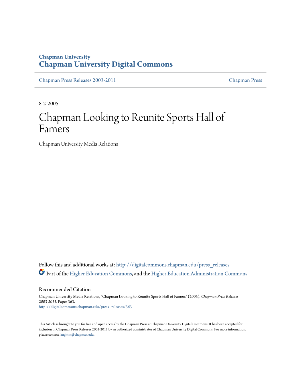 Chapman Looking to Reunite Sports Hall of Famers Chapman University Media Relations