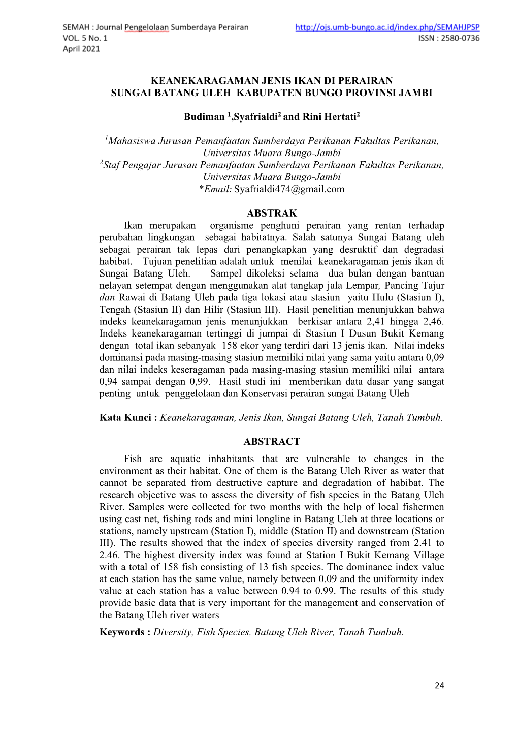 Keanekaragaman Jenis Ikan Di Perairan Sungai Batang Uleh Kabupaten Bungo Provinsi Jambi