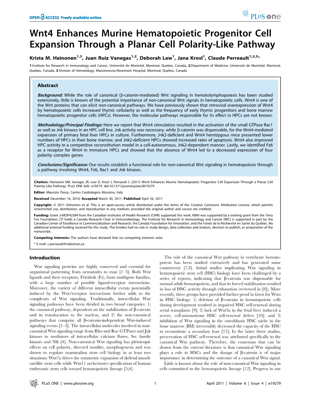 Wnt4 Enhances Murine Hematopoietic Progenitor Cell Expansion Through a Planar Cell Polarity-Like Pathway