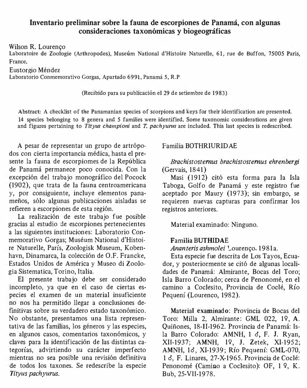 Inventario Preliminar Sobre La Fauna De Escorpiones De Panamá, Con Algunas Consideraciones Taxonómicas Y Biogeográficas