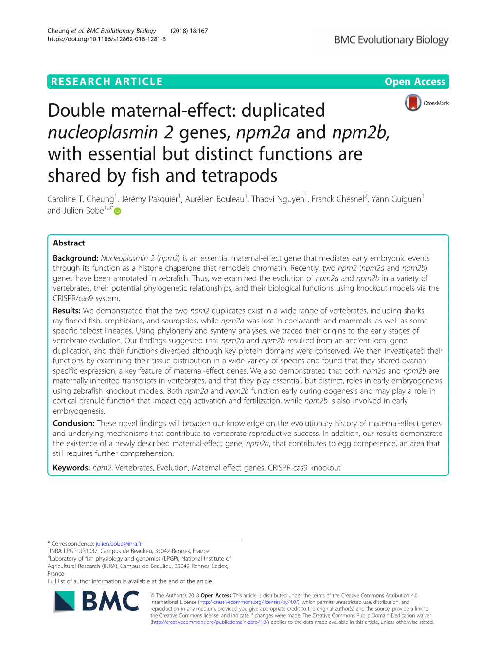 Double Maternal-Effect: Duplicated Nucleoplasmin 2 Genes, Npm2a and Npm2b, with Essential but Distinct Functions Are Shared by Fish and Tetrapods Caroline T