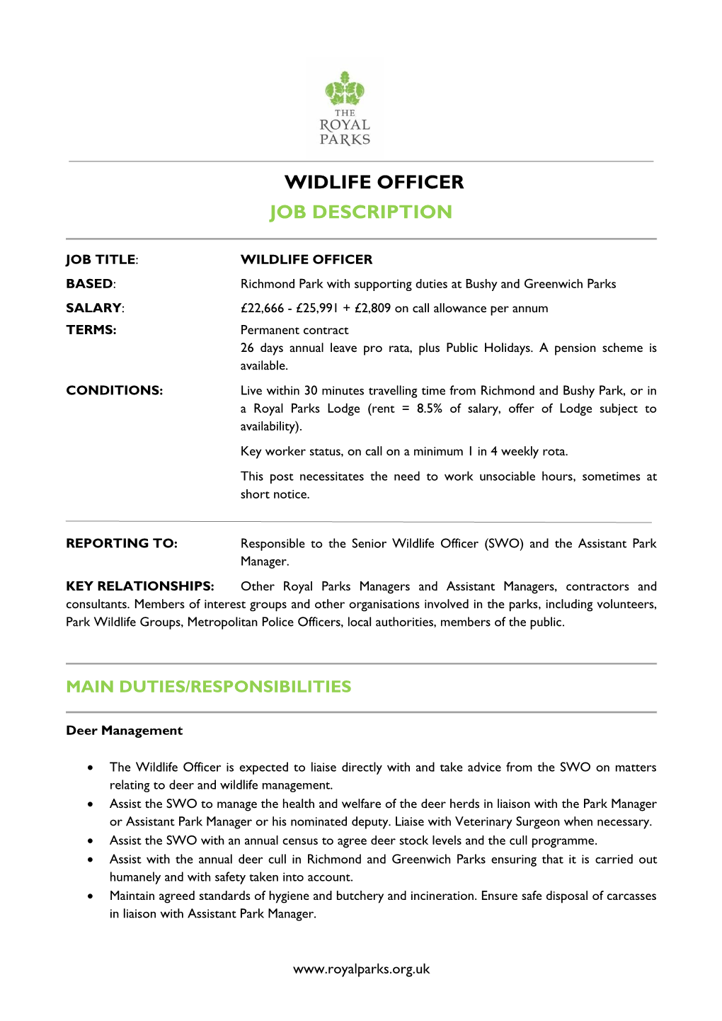 Widlife Officer Job Description