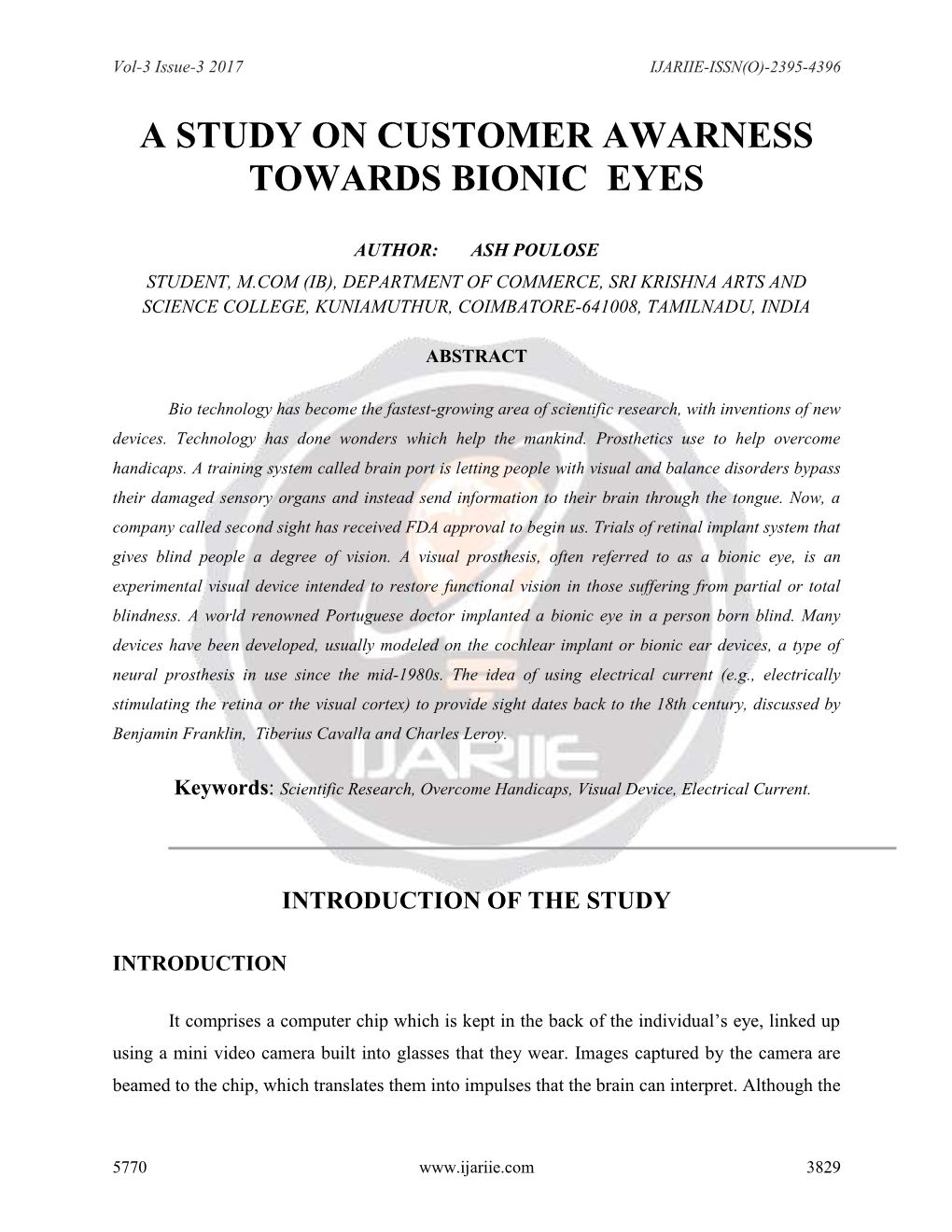 A Study on Customer Awarness Towards Bionic Eyes
