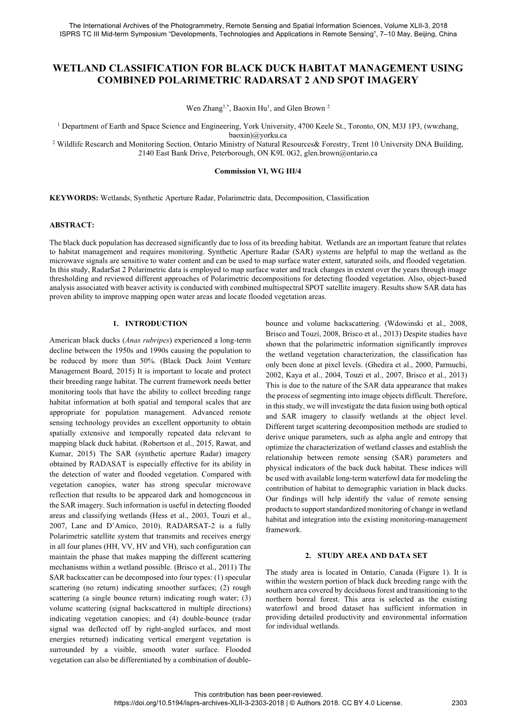 Wetland Classification for Black Duck Habitat Management Using Combined Polarimetric Radarsat 2 and Spot Imagery