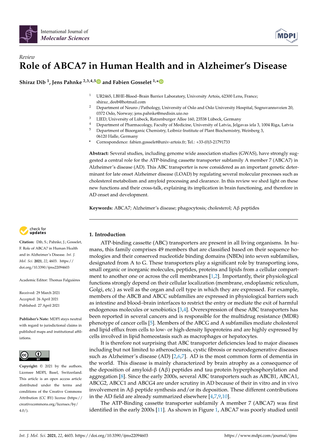 Role of ABCA7 in Human Health and in Alzheimer's Disease