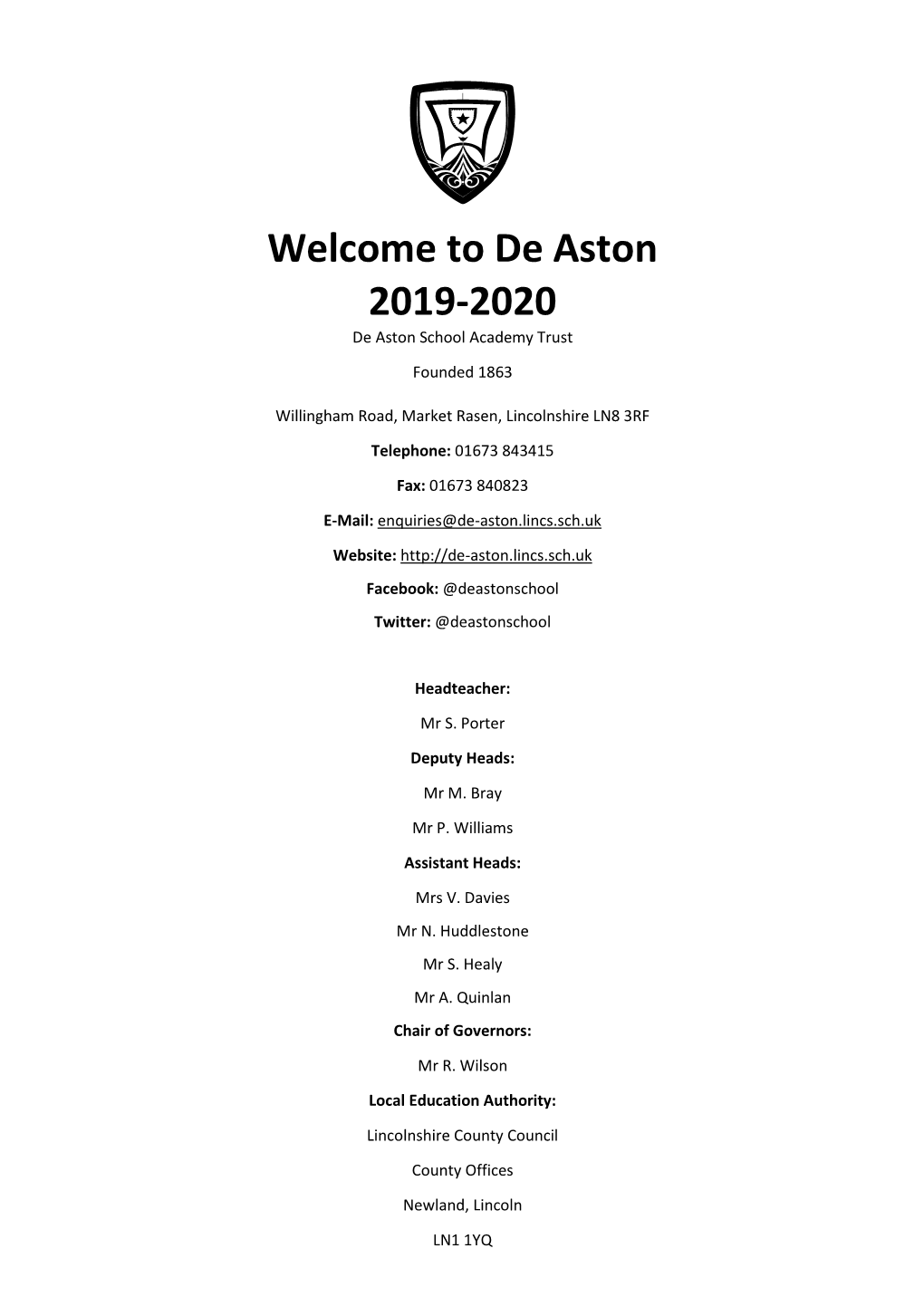 Welcome to De Aston 2019-2020 De Aston School Academy Trust