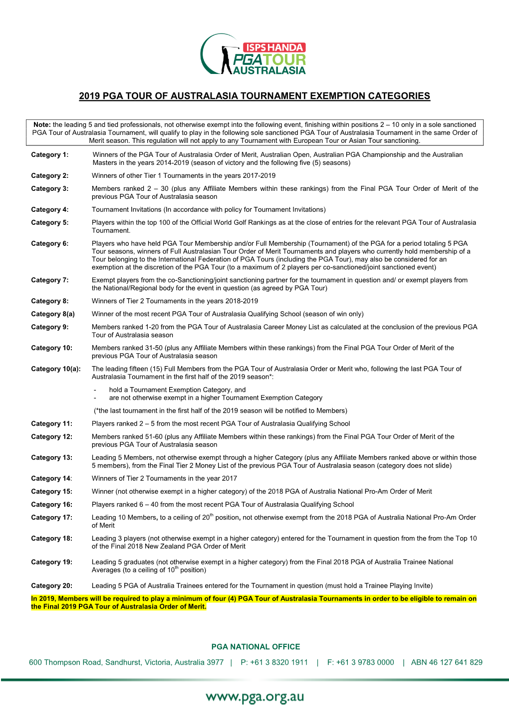 2019 Pga Tour of Australasia Tournament Exemption Categories