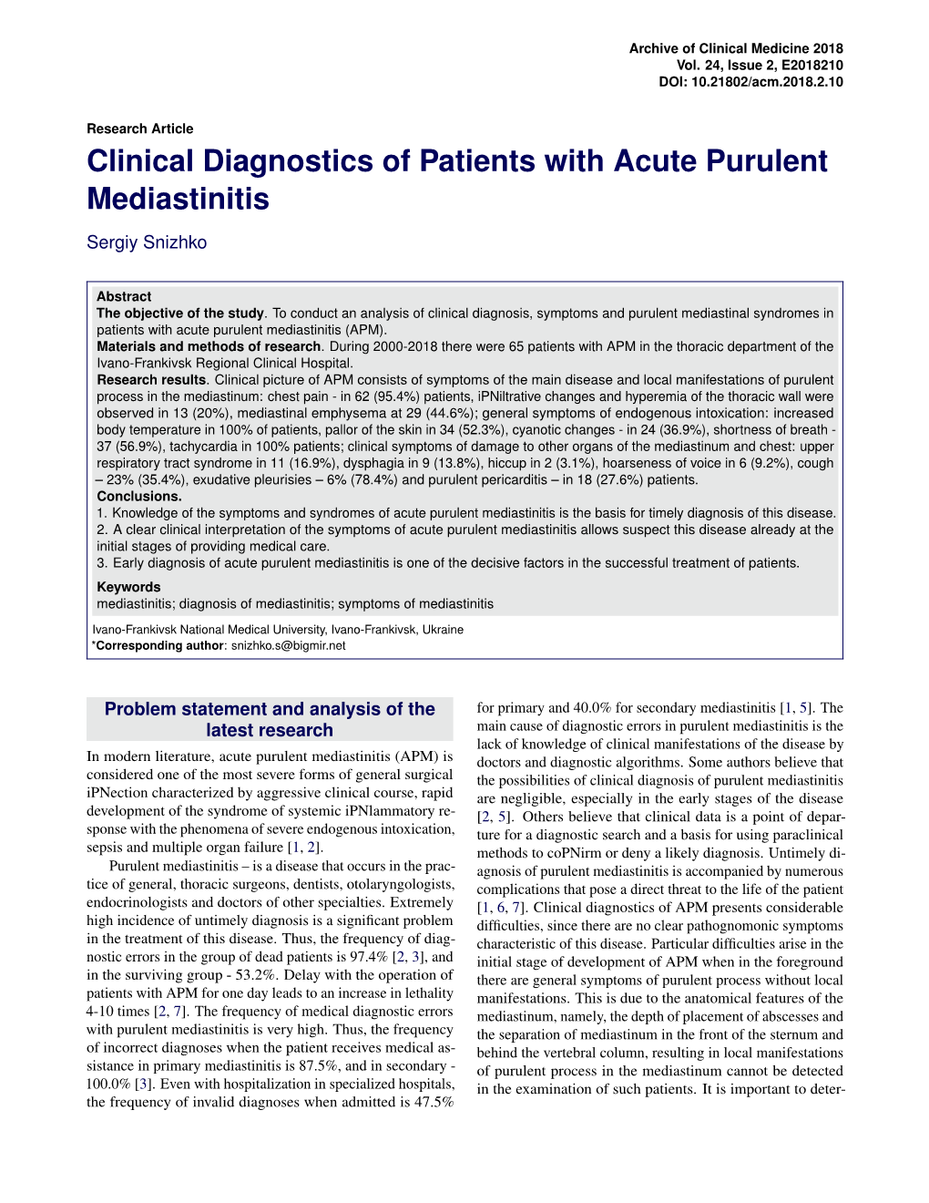 Clinical Diagnostics of Patients with Acute Purulent Mediastinitis