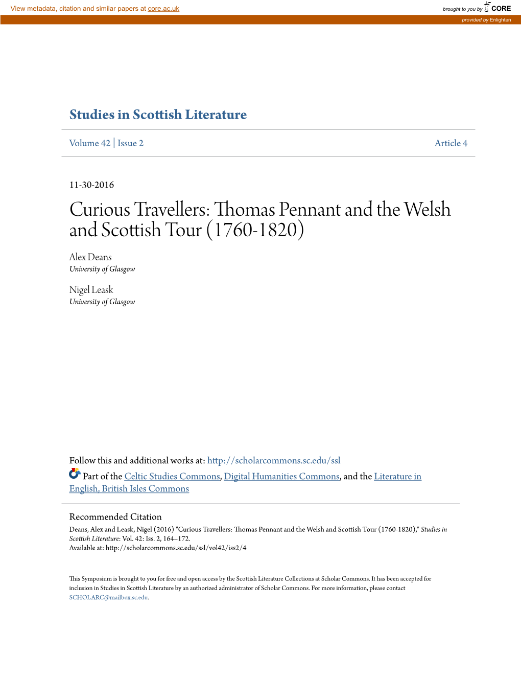 Thomas Pennant and the Welsh and Scottish Tour (1760-1820) Alex Deans University of Glasgow