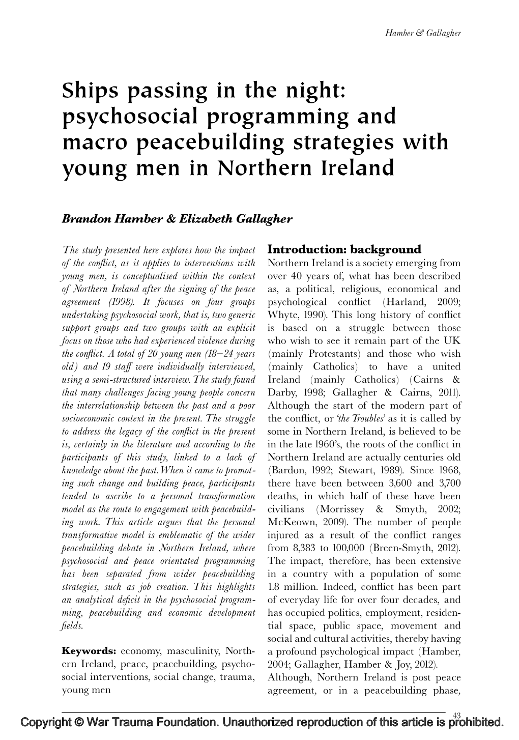 Ships Passing in the Night: Psychosocial Programming and Macro Peacebuilding Strategies with Young Men in Northern Ireland
