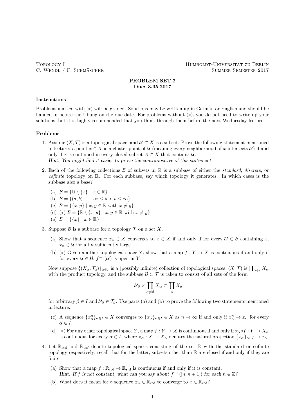 Topology I Humboldt-Universität Zu Berlin C. Wendl / F. Schmäschke