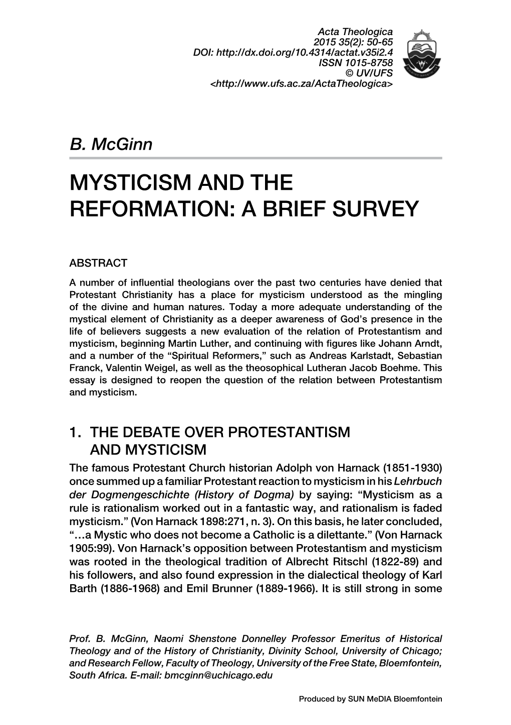 Mysticism and the Reformation: a Brief Survey