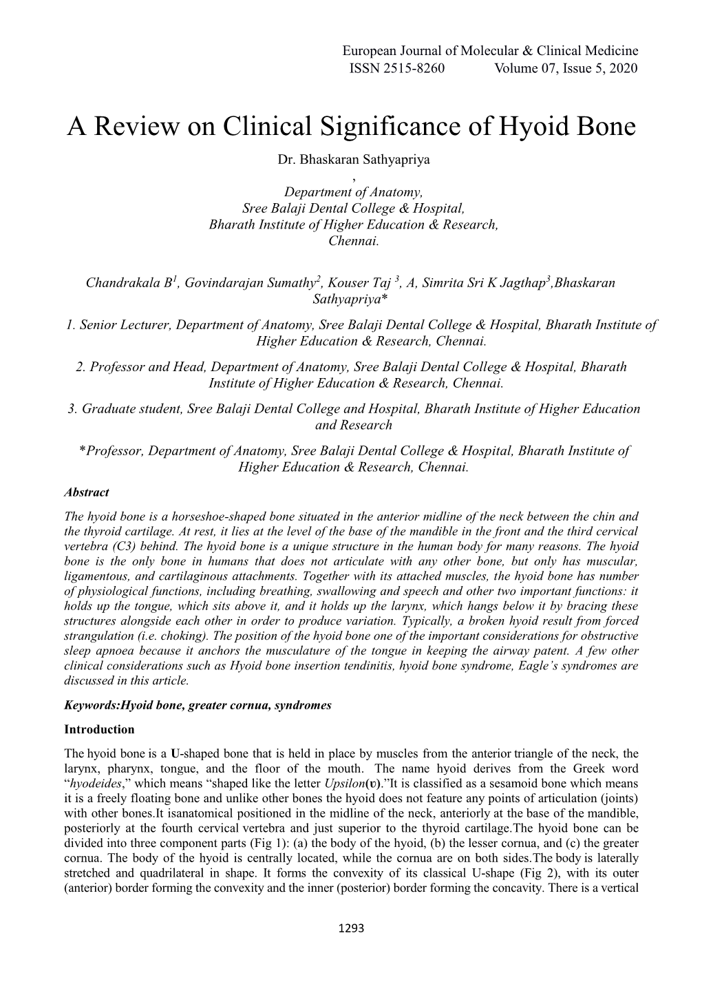 A Review on Clinical Significance of Hyoid Bone Dr