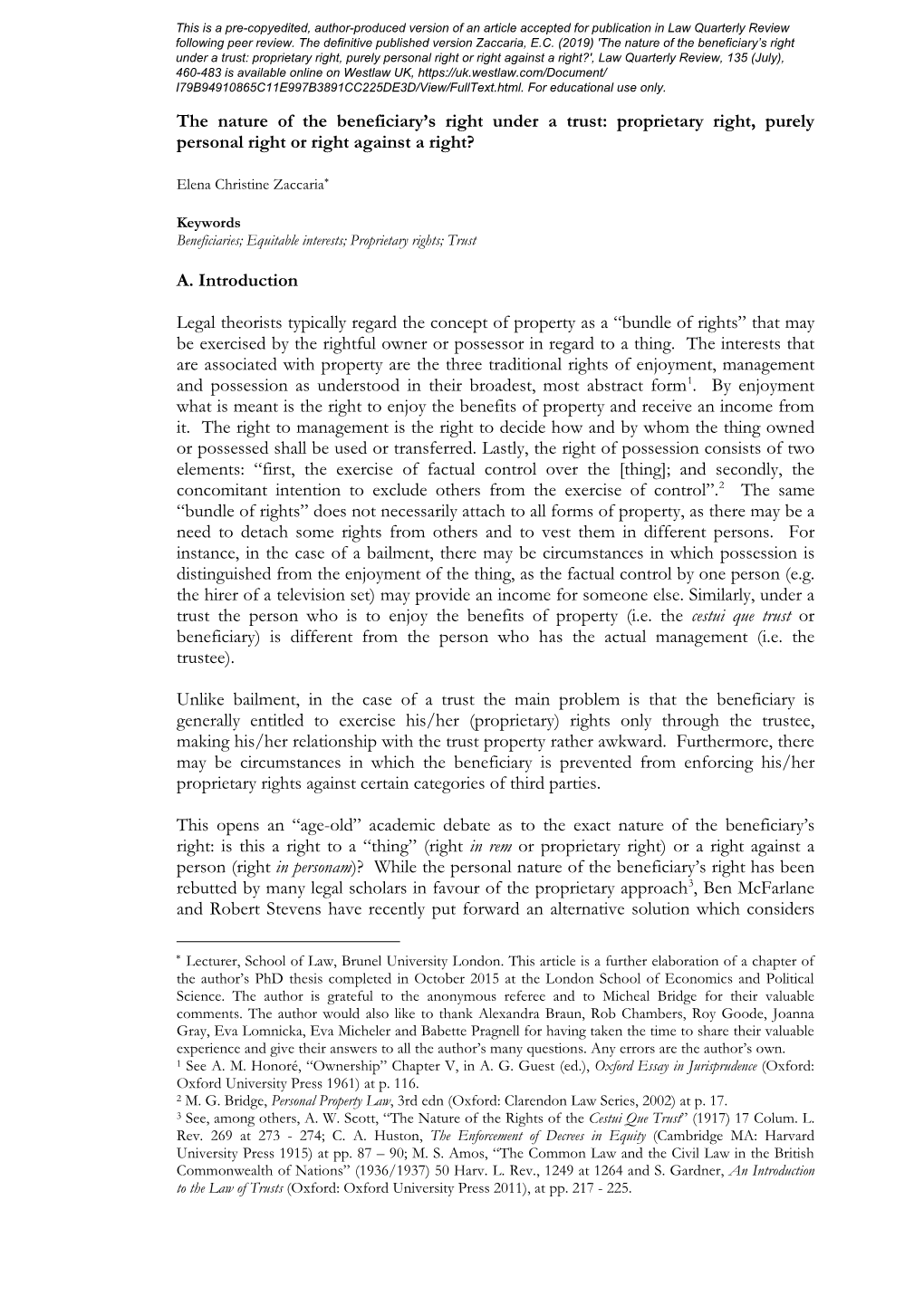 The Nature of the Beneficiary's Right Under a Trust: Proprietary Right, Purely Personal Right Or Right Against a Right? A