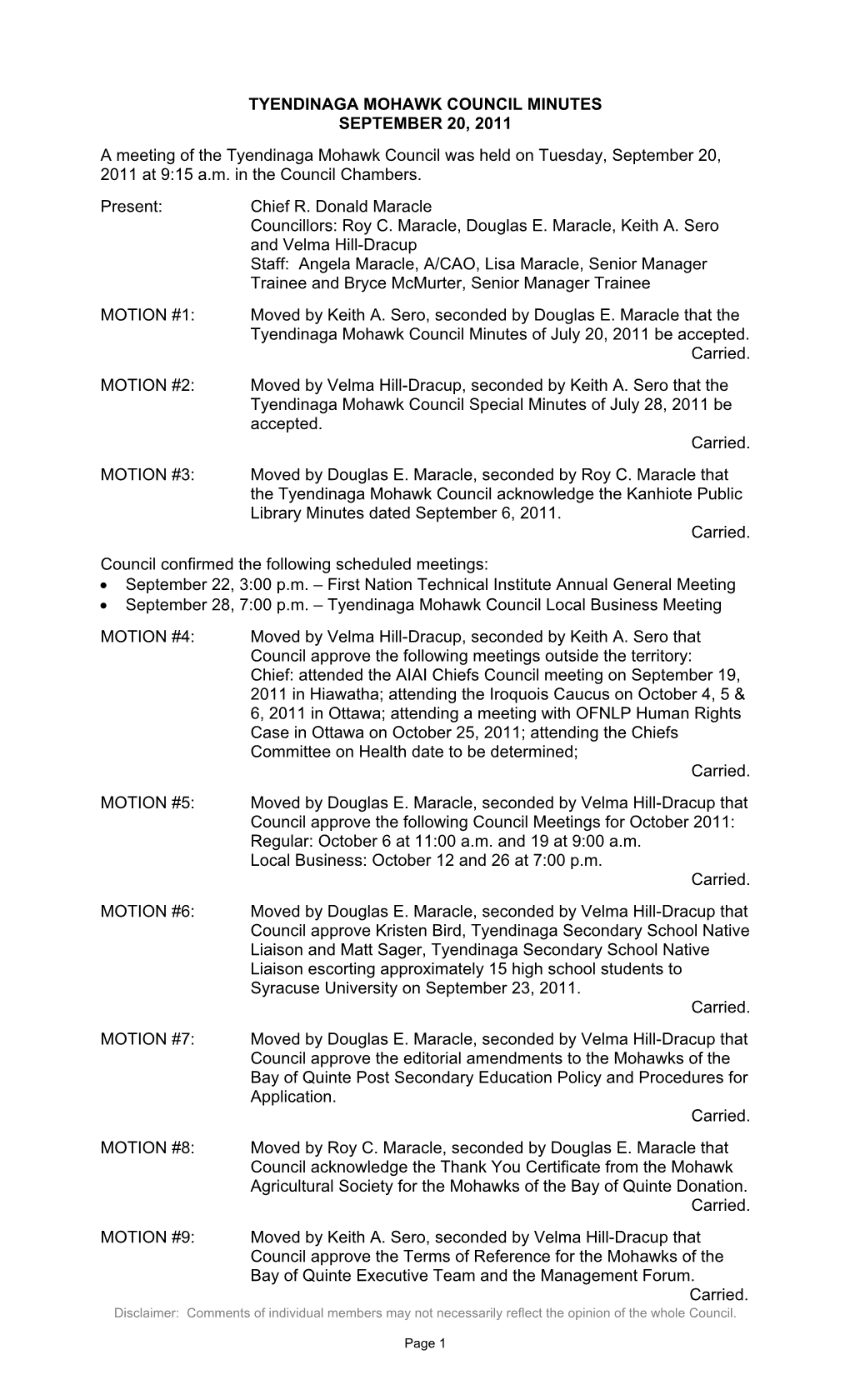 Tyendinaga Mohawk Council Minutes September 20, 2011 A