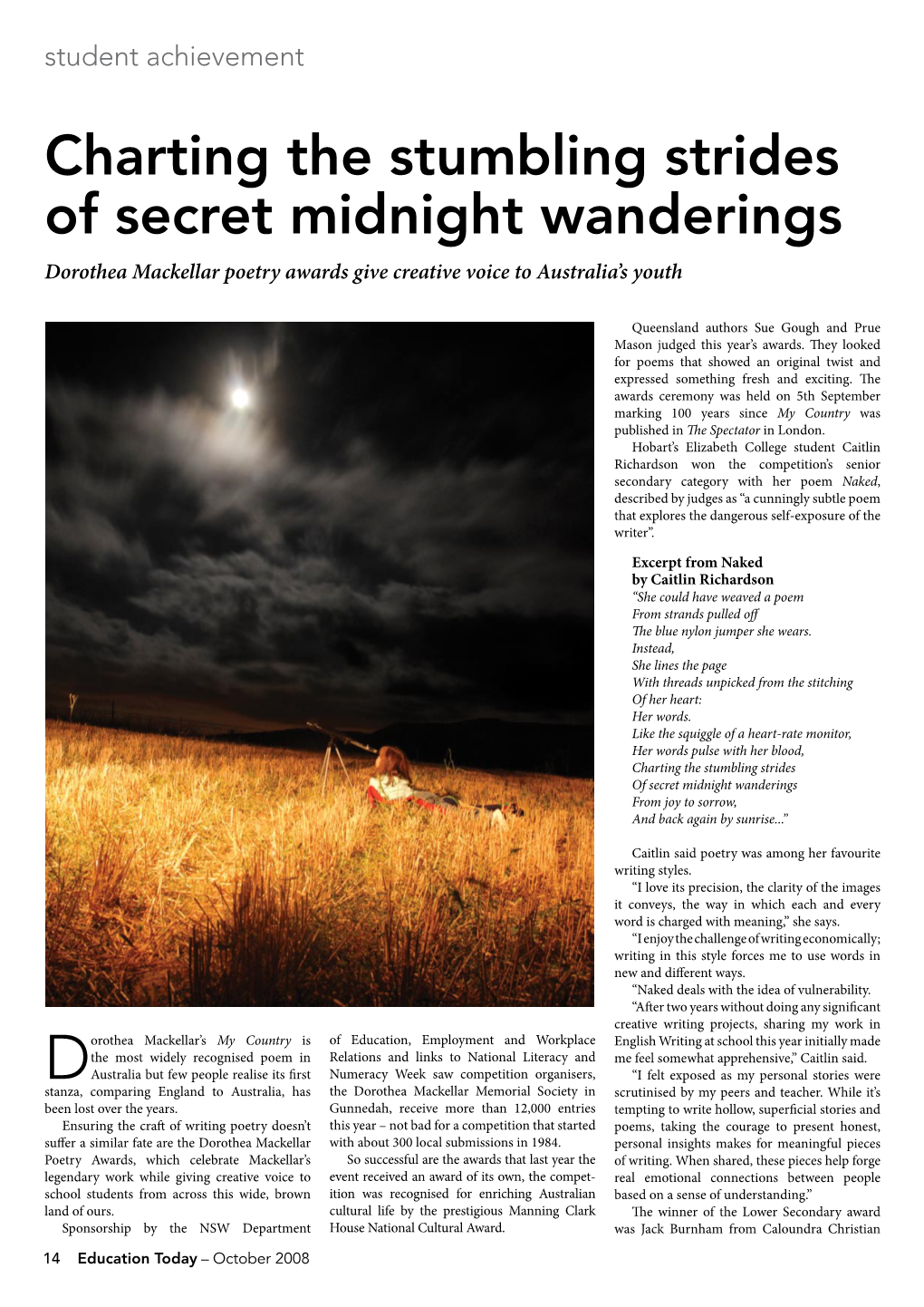 Charting the Stumbling Strides of Secret Midnight Wanderings Dorothea Mackellar Poetry Awards Give Creative Voice to Australia’S Youth