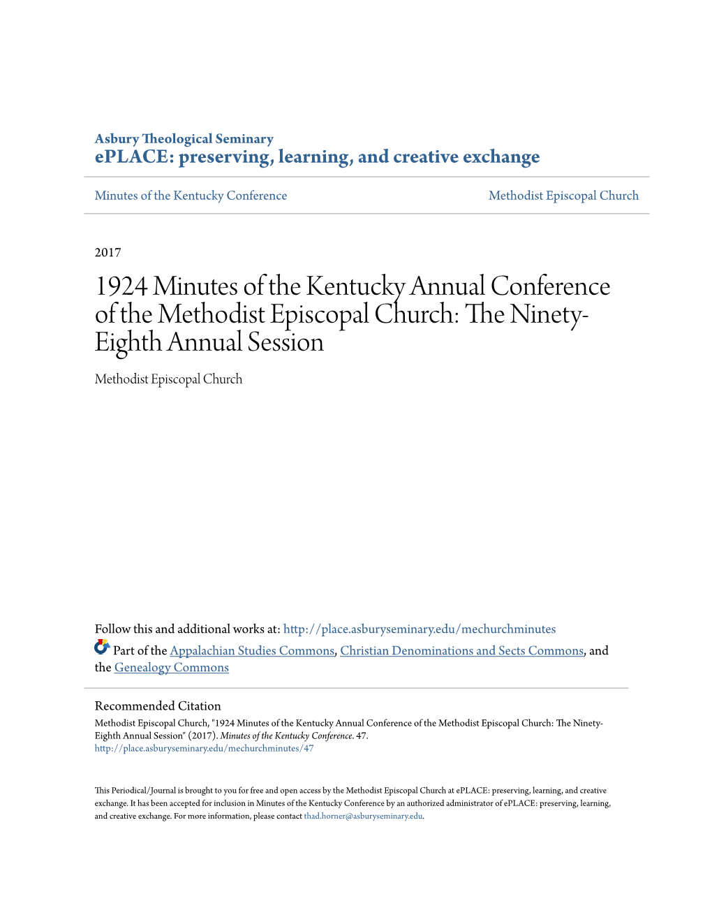 1924 Minutes of the Kentucky Annual Conference of the Methodist Episcopal Church: the Inetn Y- Eighth Annual Session Methodist Episcopal Church