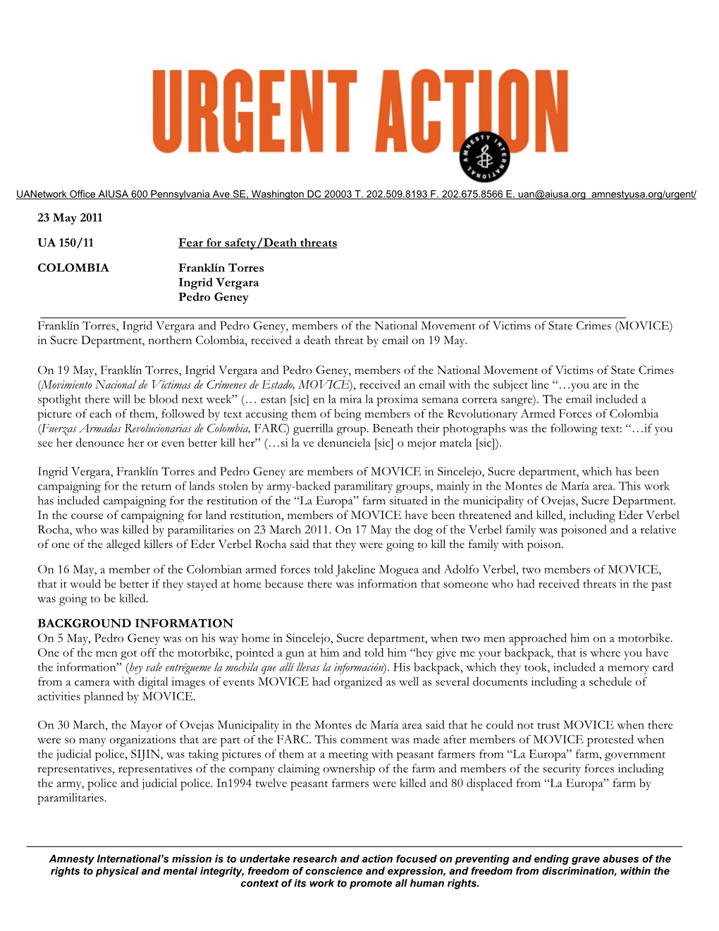 23 May 2011 UA 150/11 Fear for Safety/Death Threats COLOMBIA