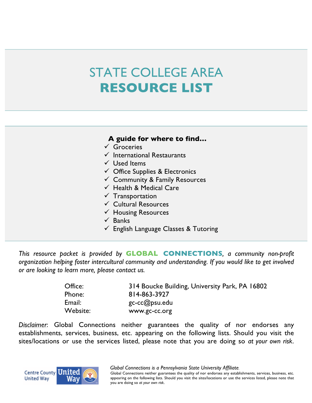 State College Area Resource List