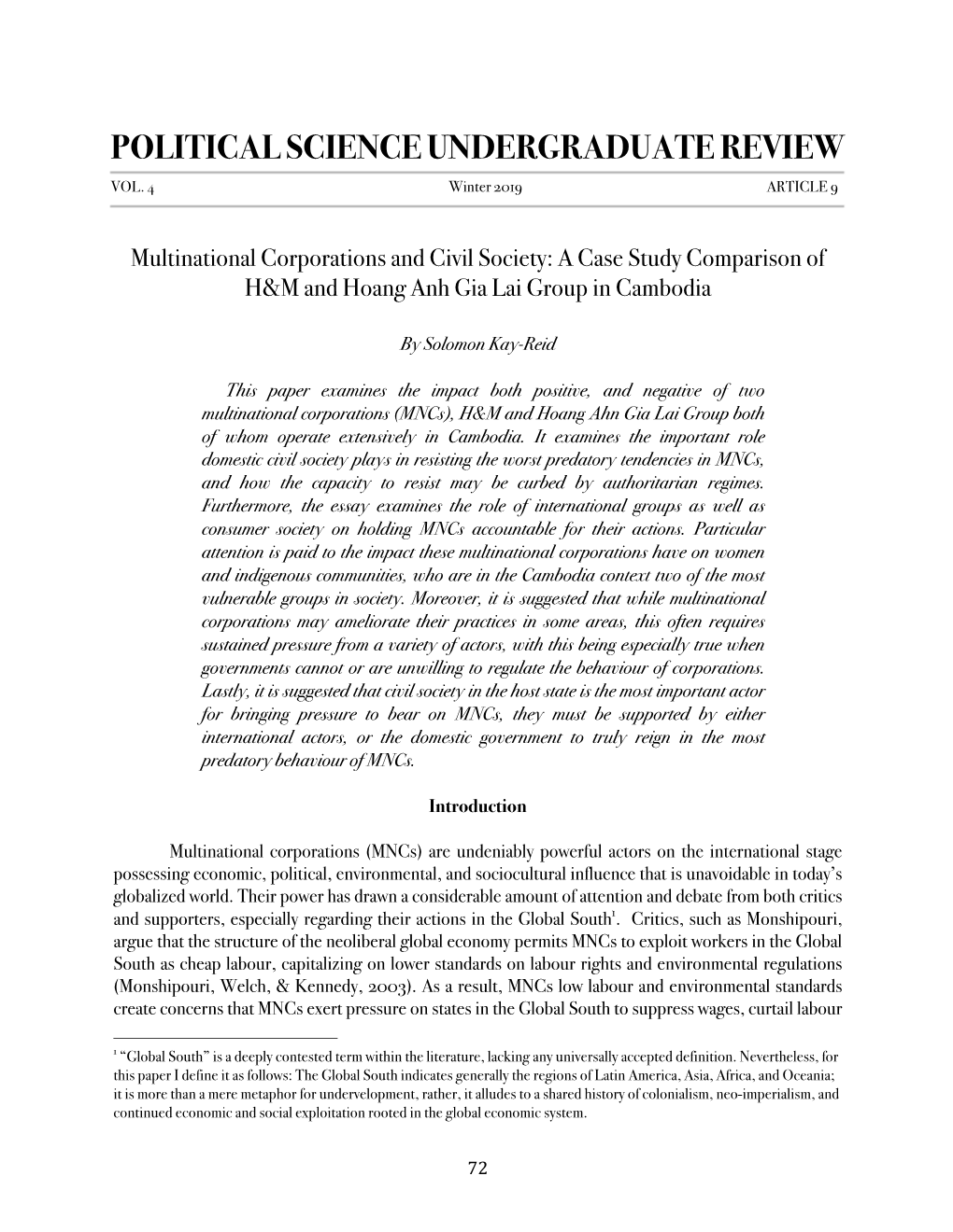 Multinational Corporations and Civil Society: a Case Study Comparison of H&M and Hoang Anh Gia Lai Group in Cambodia