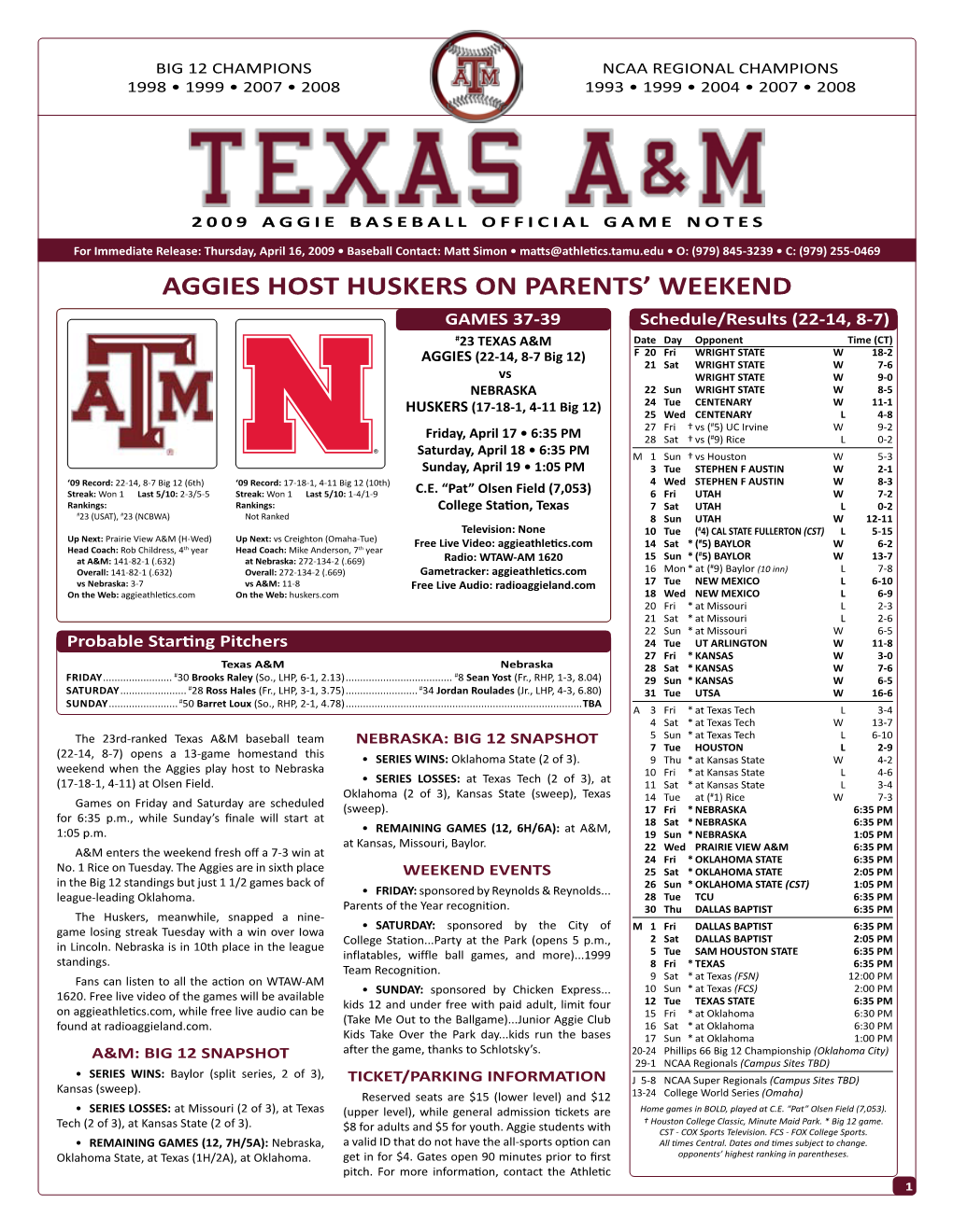 Aggies Host Huskers on Parents' Weekend