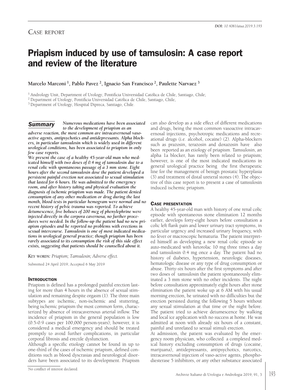 Priapism Induced by Use of Tamsulosin: a Case Report and Review of the Literature