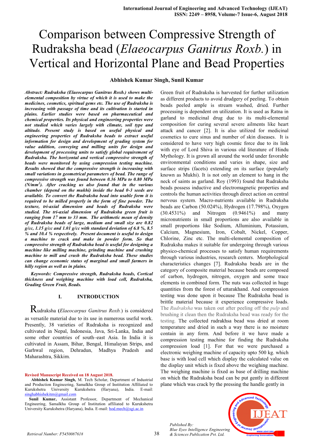 Comparison Between Compressive Strength of Rudraksha Bead (Elaeocarpus Ganitrus Roxb.) in Vertical and Horizontal Plane and Bead Properties